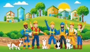 Cartoon image of construction workers with dogs and houses on a hill