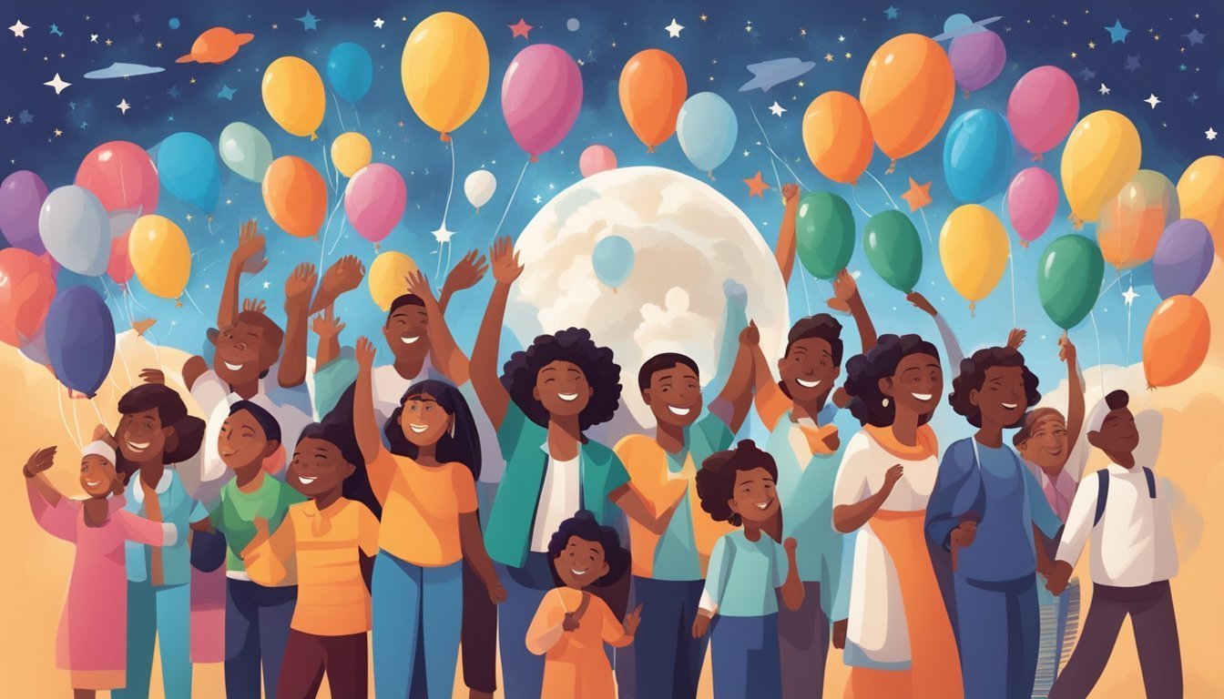 Group of people celebrating with balloons under a night sky