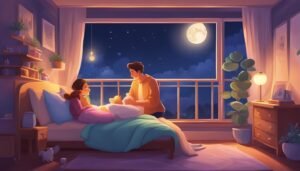 Couple in bed with baby, looking at the full moon through a window