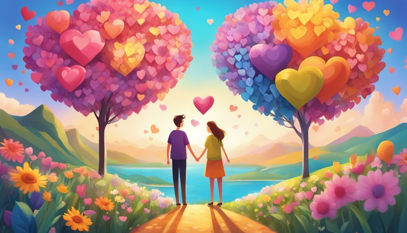 Couple holding hands, walking towards heart-shaped trees, flowers, and lake
