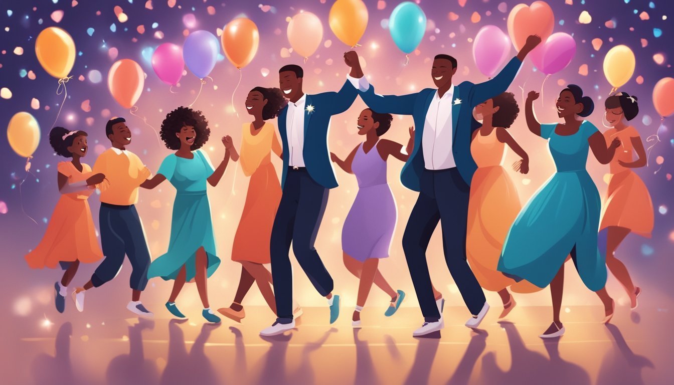 Group of people dancing at a party with balloons and confetti