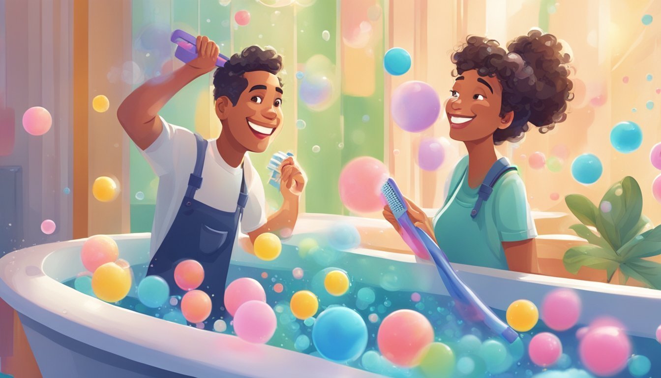 Couple playing in a bubble-filled bathtub, smiling and holding brushes