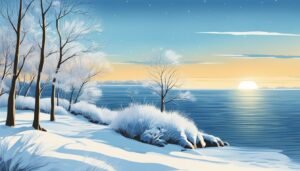Winter landscape with snow-covered trees, lake, and sunset over the water